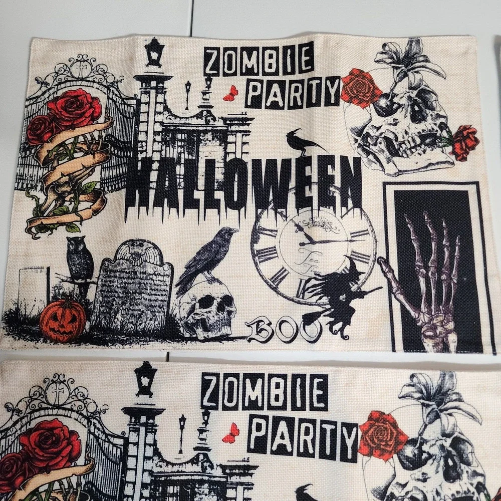 Halloween Theme Place Mats 4 Pack Roses Crows Skulls Spooky Zombie Party 18x12
